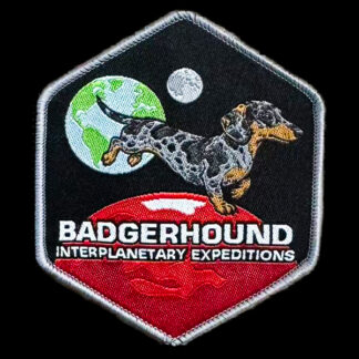 Badgerhound Interplanetary Expeditions Patch - embroidered dapple dachshund leaping from Earth to mars